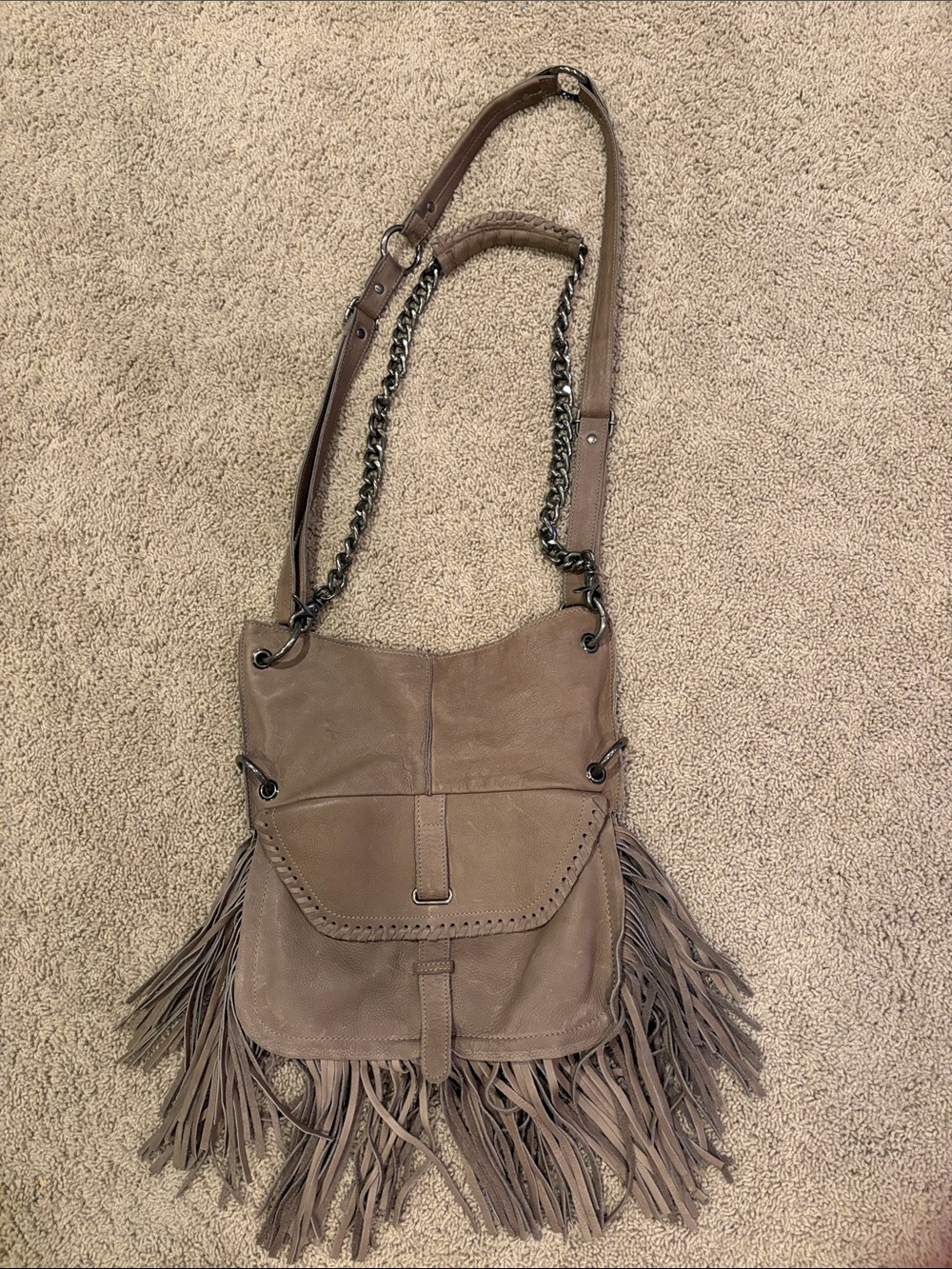 Vintage Cut n’ Paste Fringed Crossbody Shoulder Bag in Taupe Genuine Leather